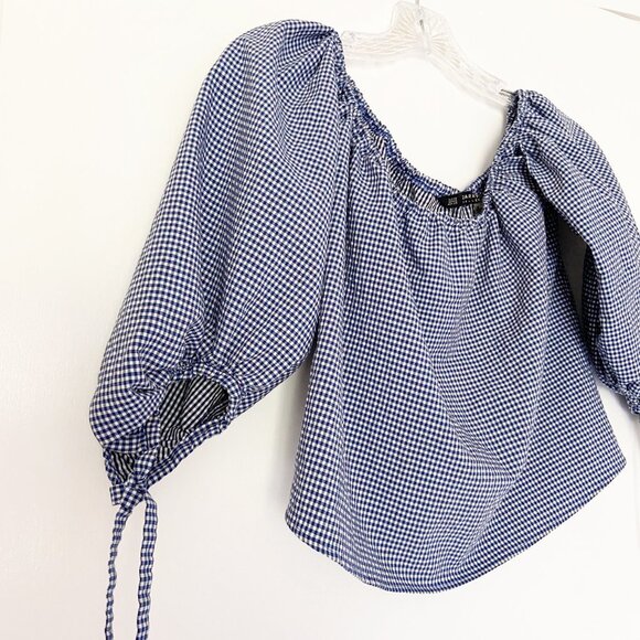 Zara Blue Gingham Off the Shoulder Cropped Blouse - Picture 3 of 6